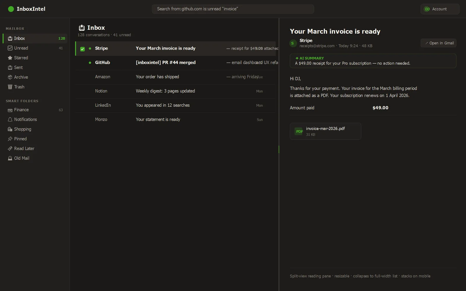 InboxIntel split view: a persistent message list beside a resizable reading pane with an AI summary