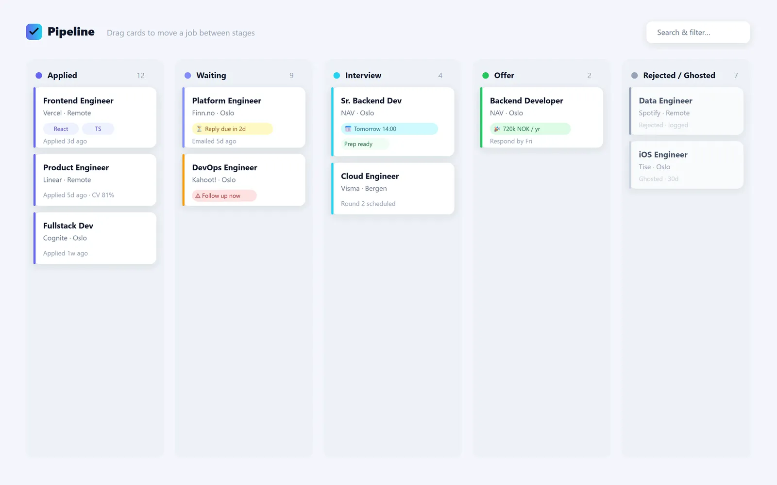 JobTrack Kanban pipeline with applications across Applied, Waiting, Interview and Offer