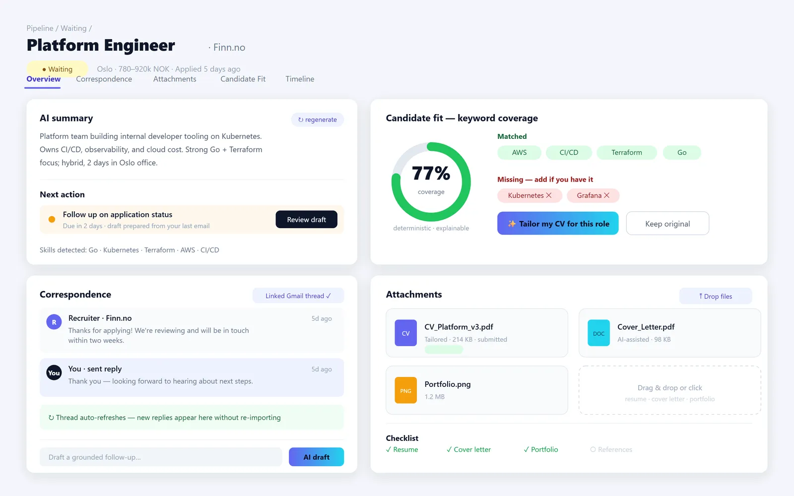 JobTrack job workspace: one application with its details, CV match and recruiter thread
